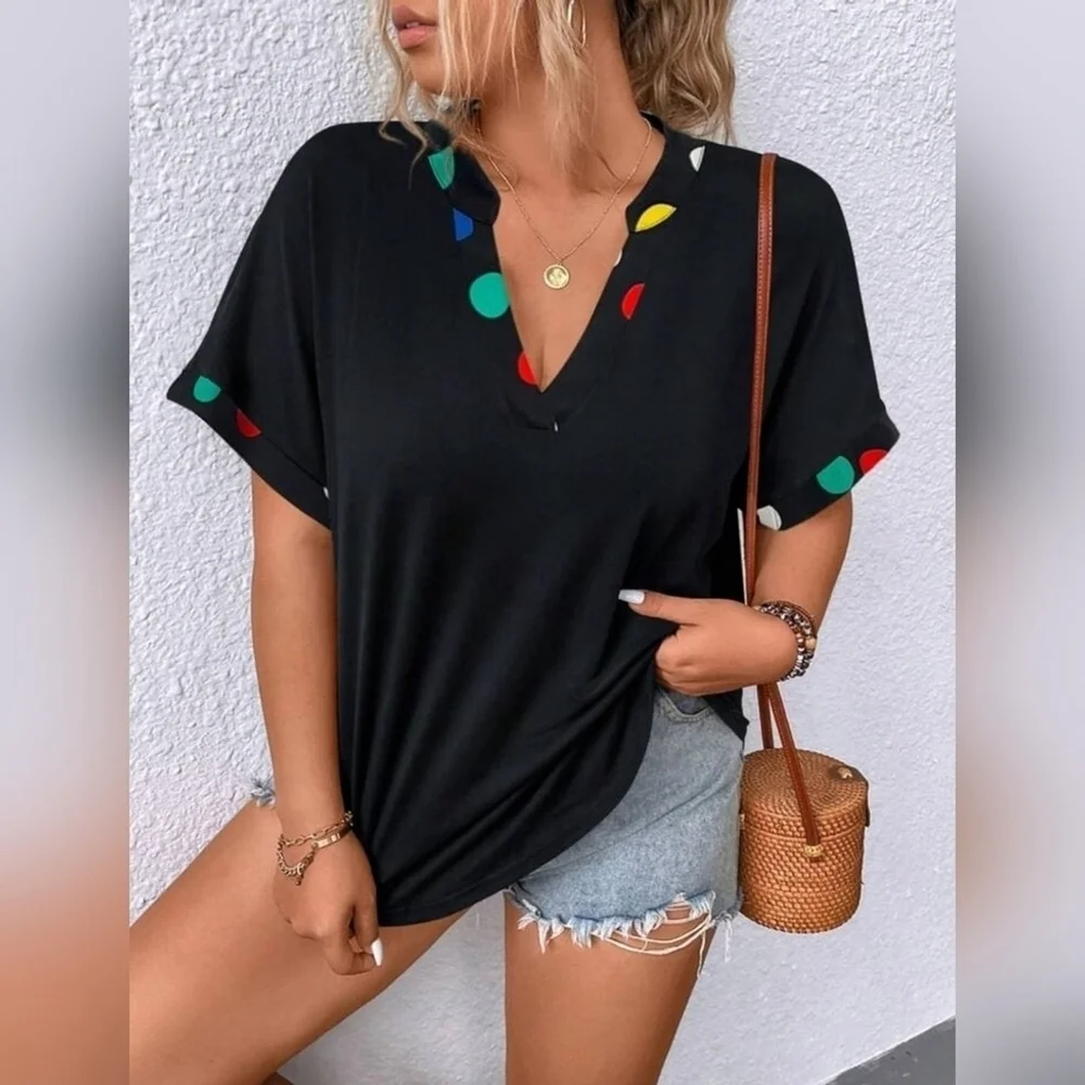 Plus Polka Dot Notch Rec Batwing Sleeve T-Shirt Black - Picture 4 of 7